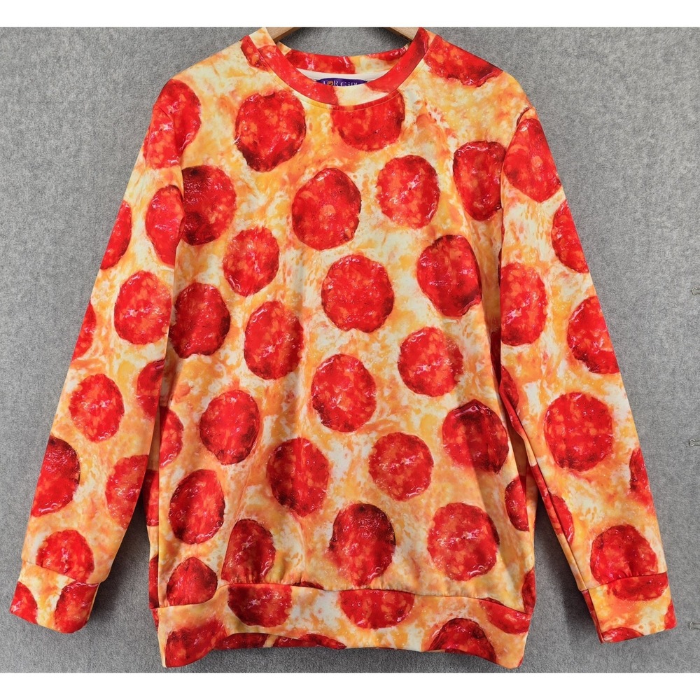 For Girls and People‎ Sweatshirt Sz L Pizza Pattern Crew Neck Relaxed Bright Fun